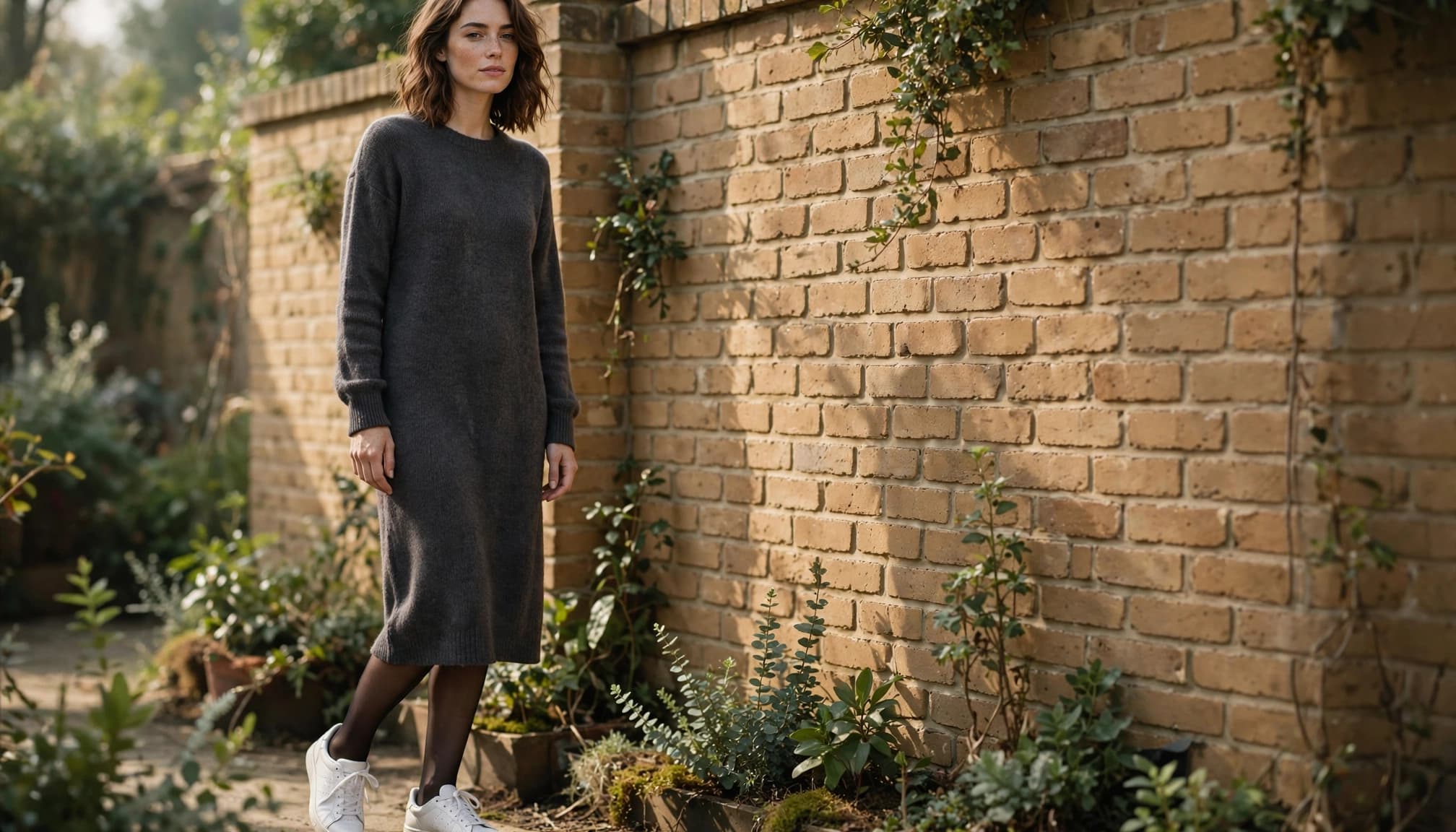 A woman in a grey knit dress and white sneakers stands by a brick wall.