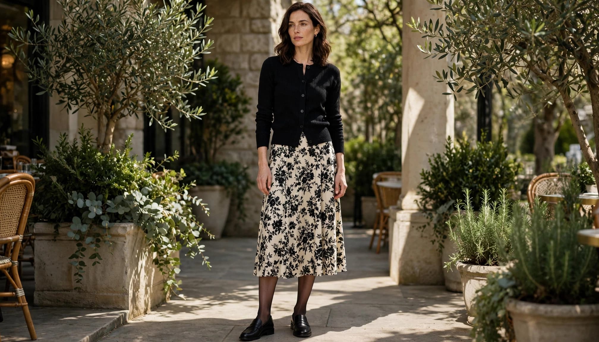 Woman in black hosiery and a floral skirt on a spring cafe terrace.