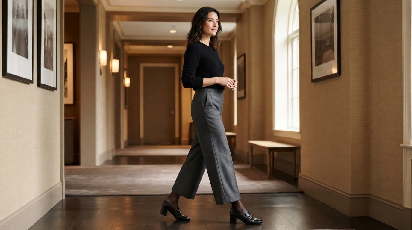 Woman in wide-leg trousers and black loafers in an office hallway.