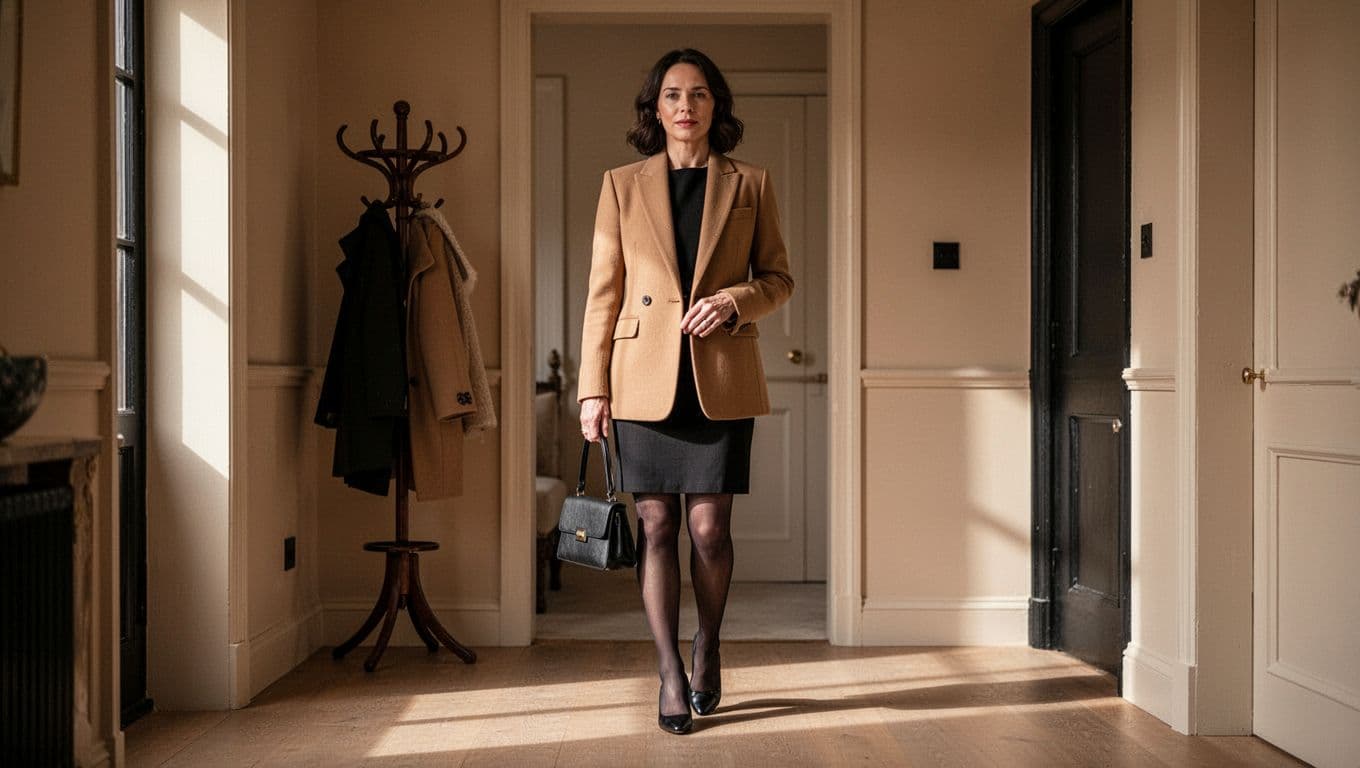 Woman in a camel blazer, black skirt, smooth black hosiery, and pumps beside a handbag.