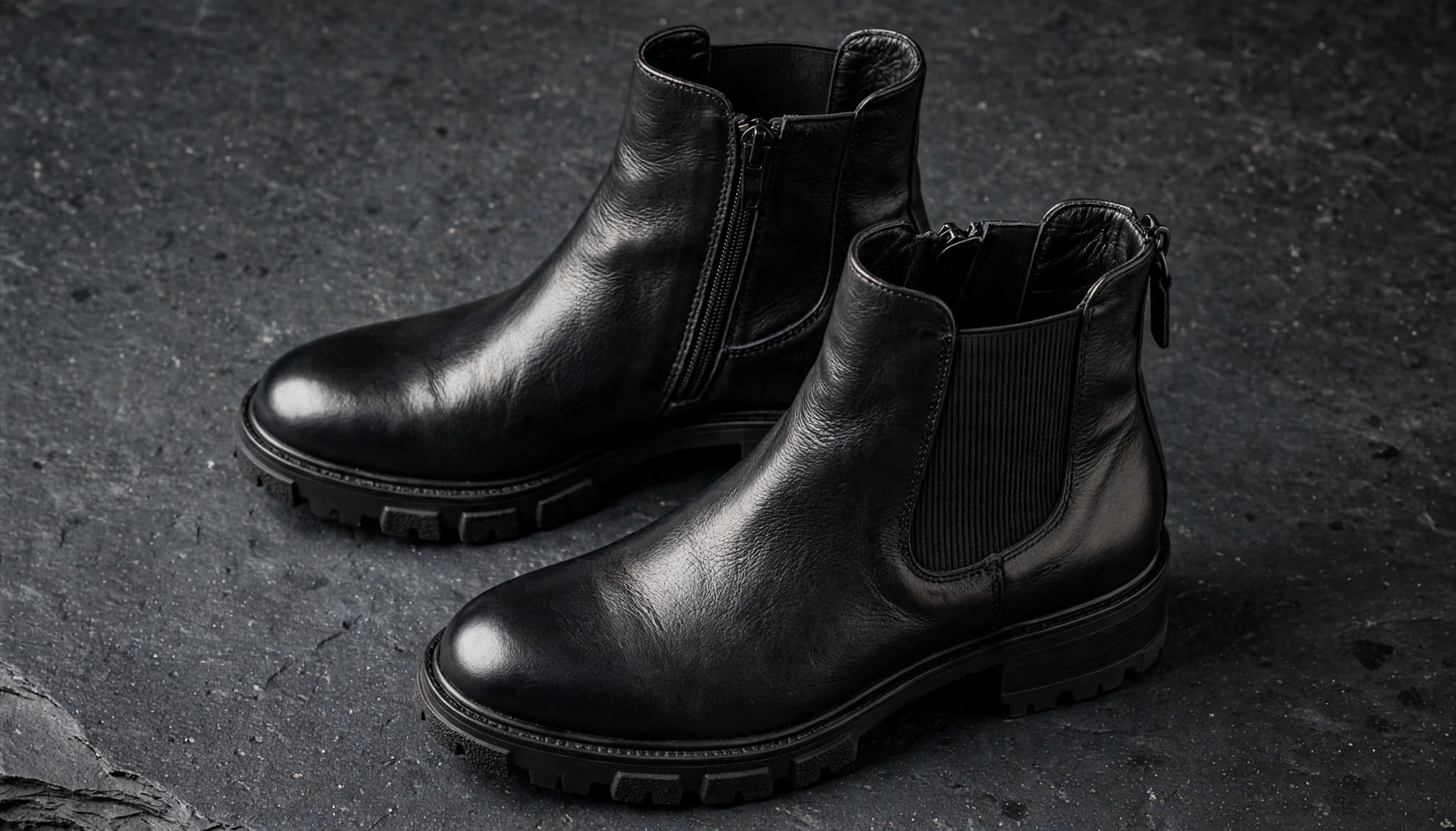 Black leather Chelsea boots with side zippers and chunky lug soles on a stone plinth.