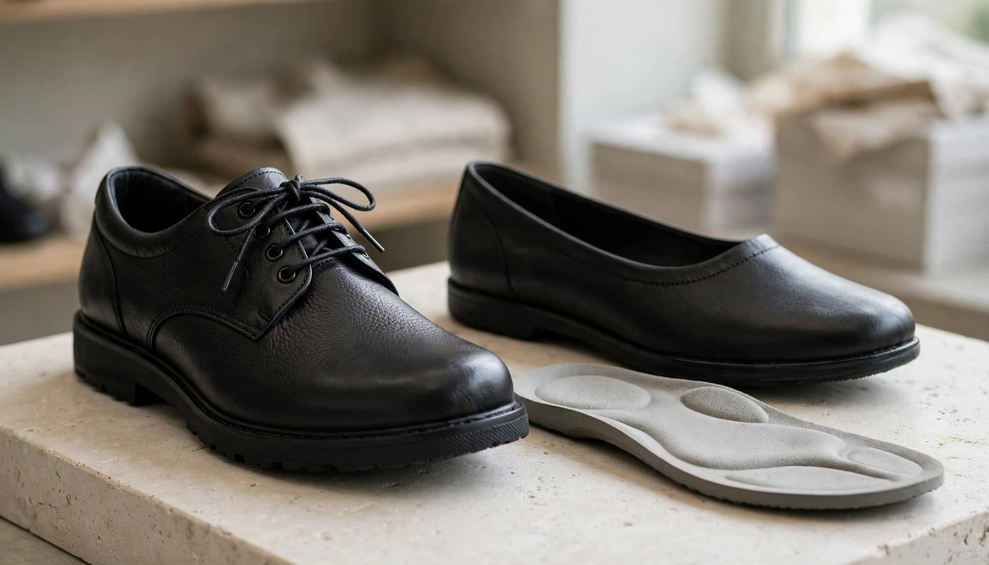 Two black leather shoes and a grey removable footbed on a stone display.
