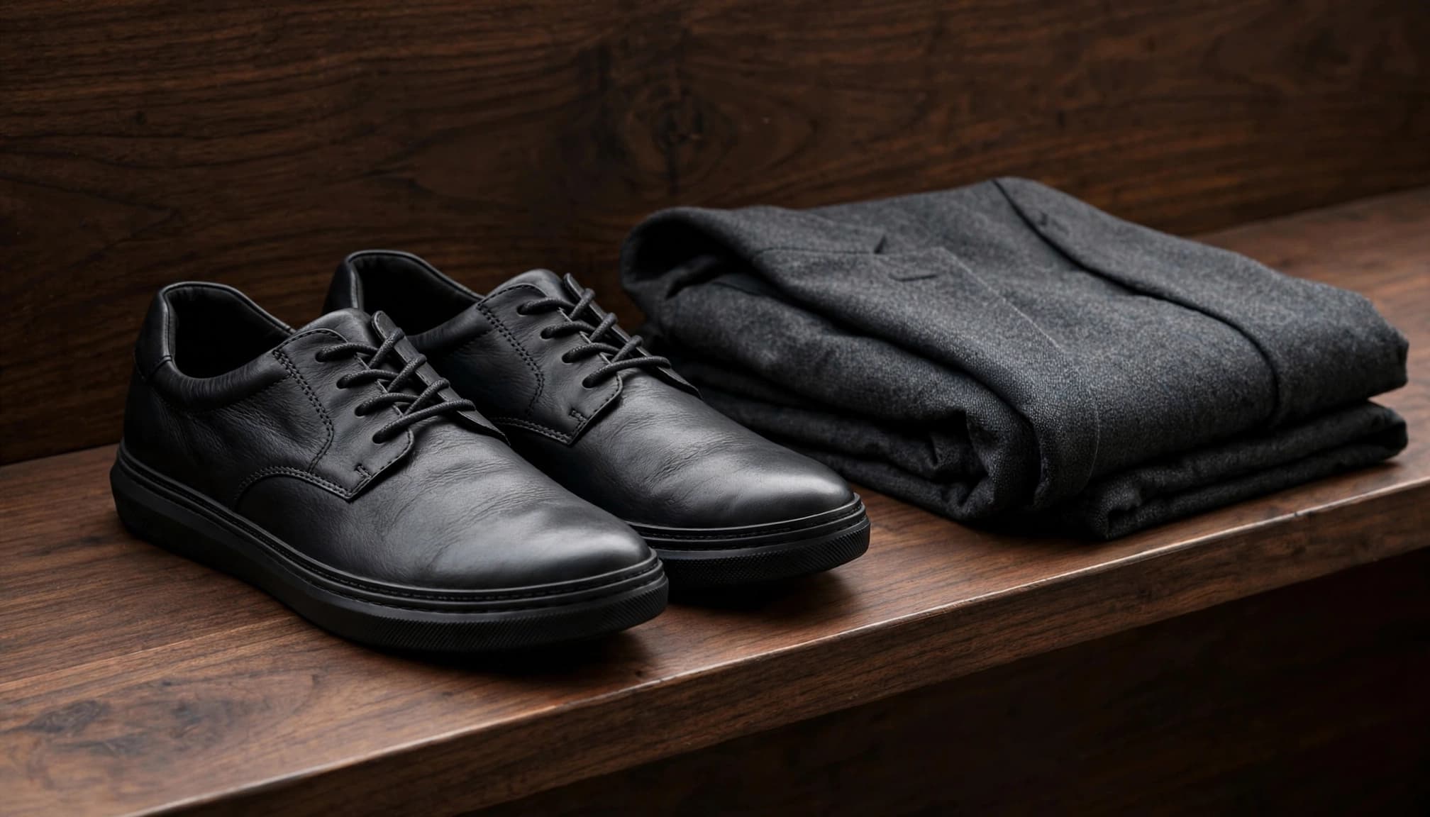 A pair of black leather sneakers and a folded charcoal blazer on a dark wooden bench.