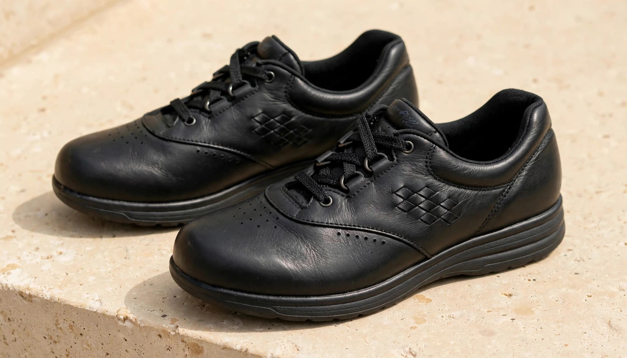 A pair of black leather walking shoes displayed on a pale stone plinth.