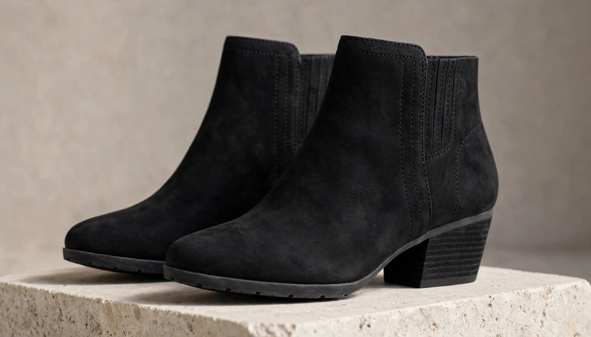 Black nubuck ankle boots displayed on a pale stone plinth.