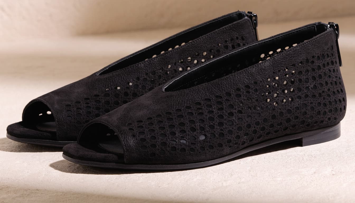 Two black sandals show cutout uppers, open toes, and back zippers.
