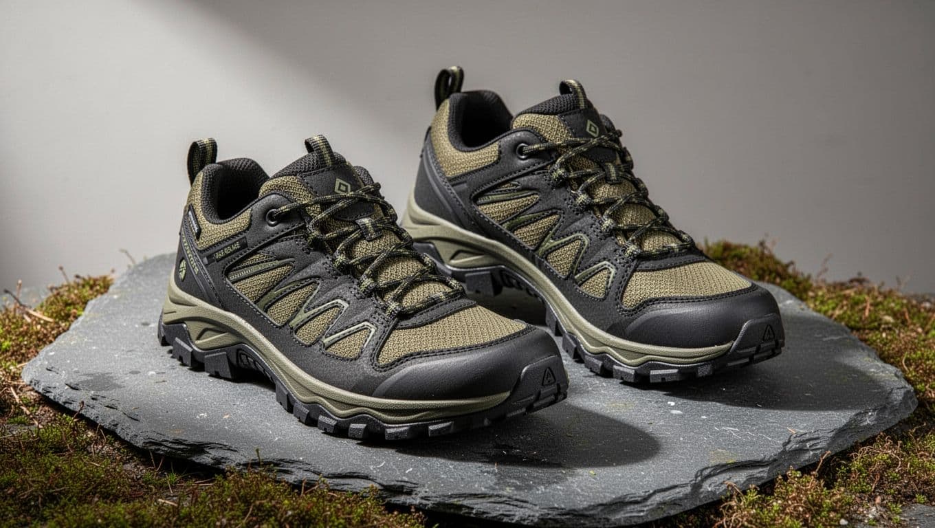 Black and olive trail shoes arranged on slate and moss.