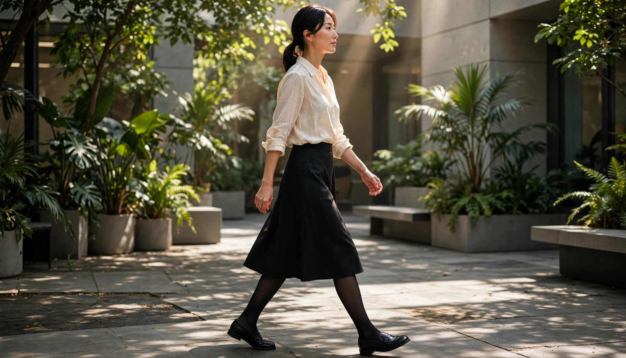 Woman in black opaque tights walking through a leafy office courtyard.