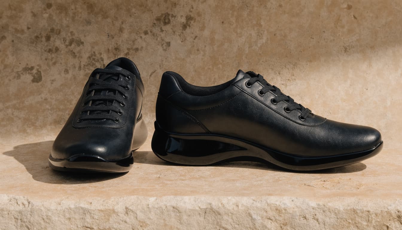 Two black lace-up walking shoes sit on a warm stone surface.