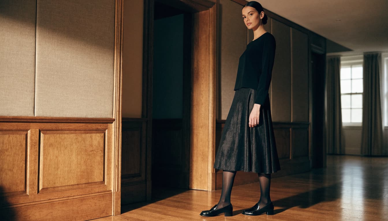 A woman in a black top, skirt, and support hosiery stands in an apartment hallway.