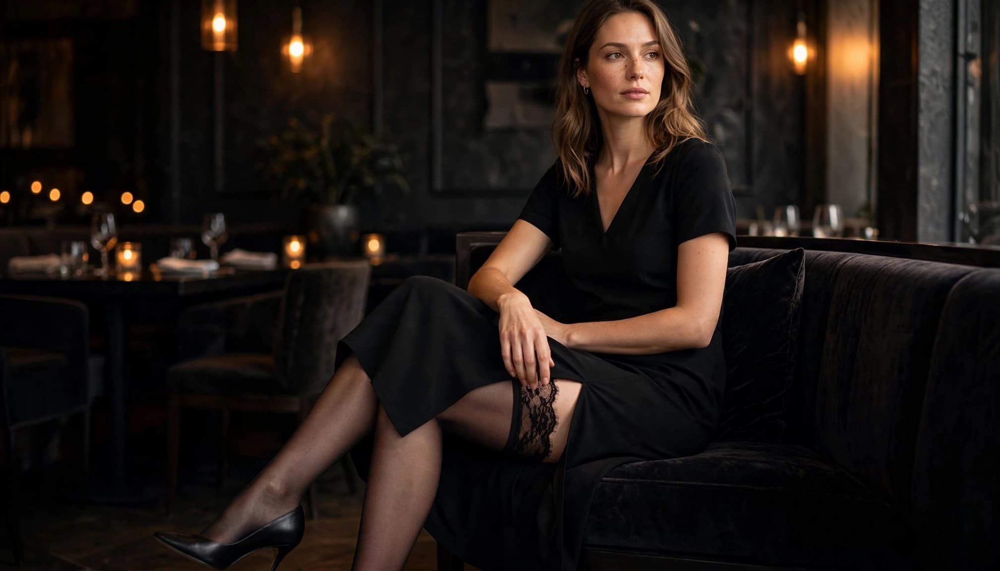 Woman seated in a midi dress and black heels with one leg visible through the side slit.