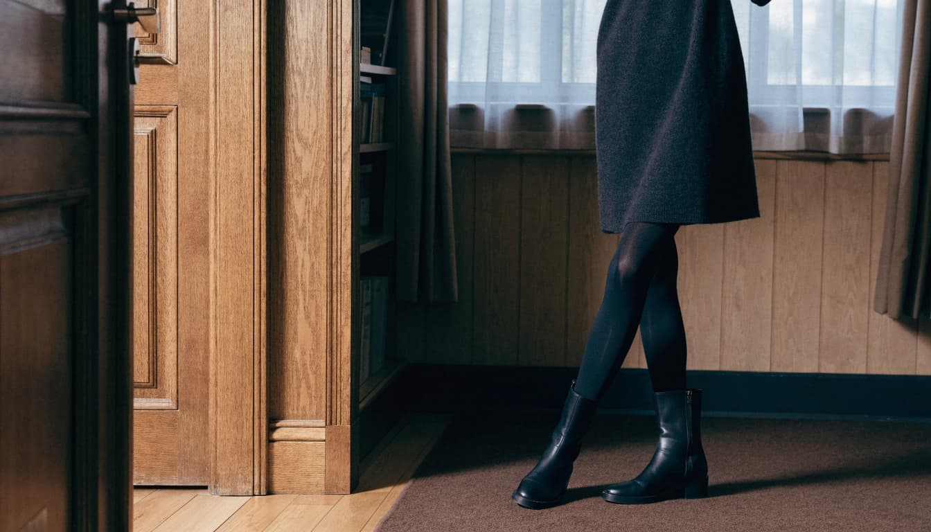 A woman in a charcoal dress, black tights, and ankle boots stands by a wood-paneled wall.