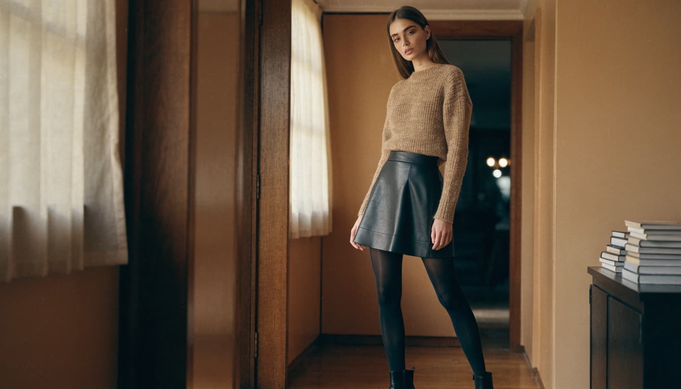 A woman stands in a modern apartment wearing a camel knit sweater, black leather skirt, and opaque black tights.