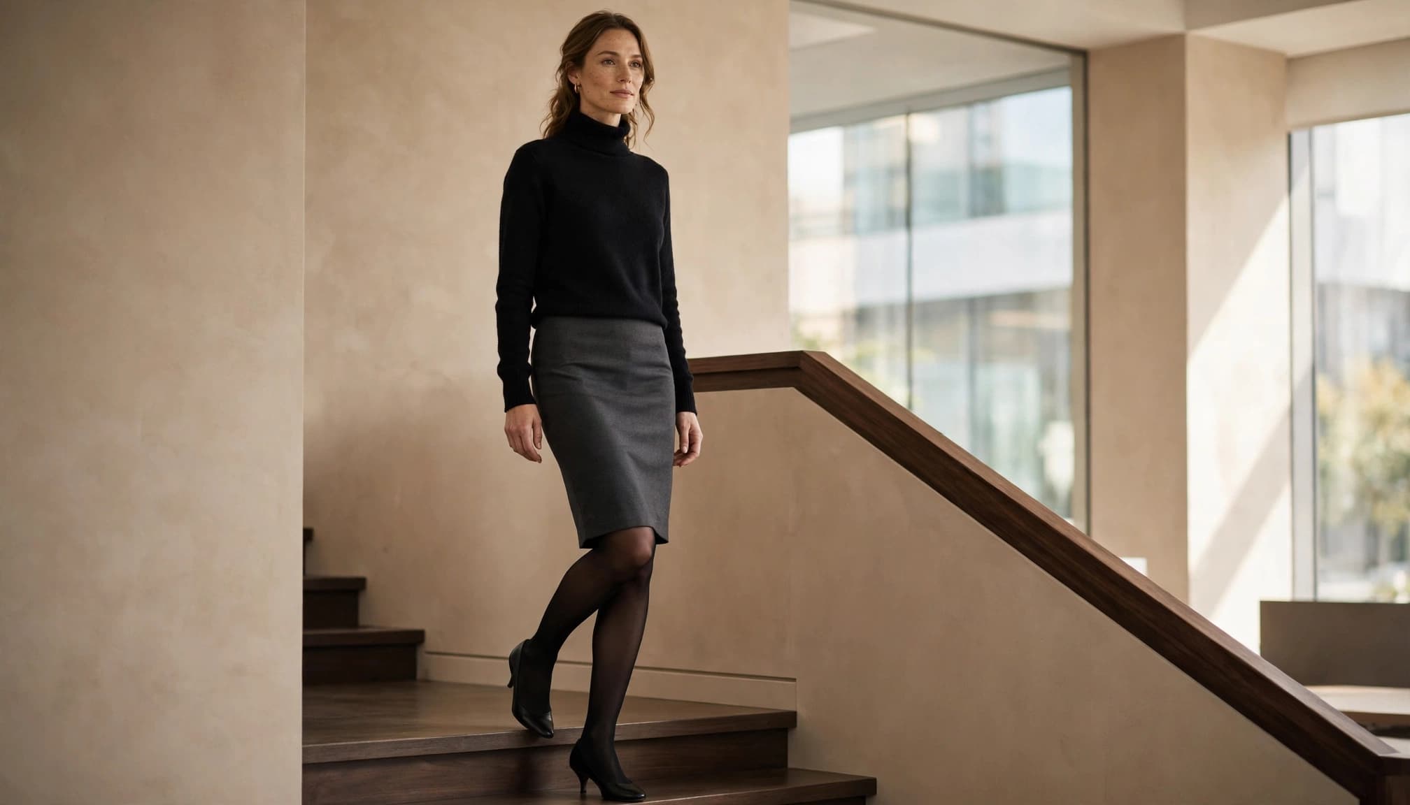 A woman in black tights and a charcoal pencil skirt stands on an office stair landing.
