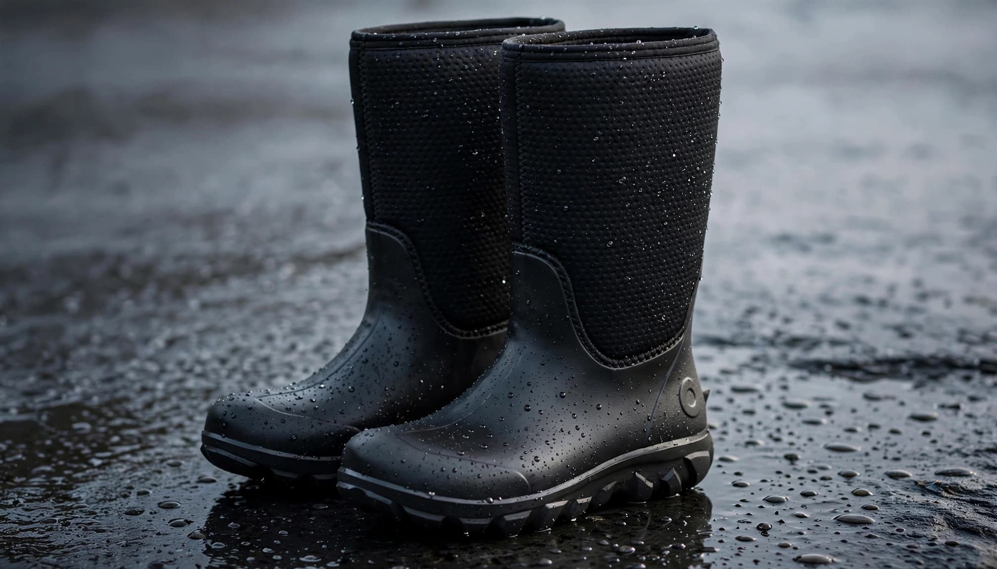 A pair of black waterproof winter boots on a wet surface with water droplets.
