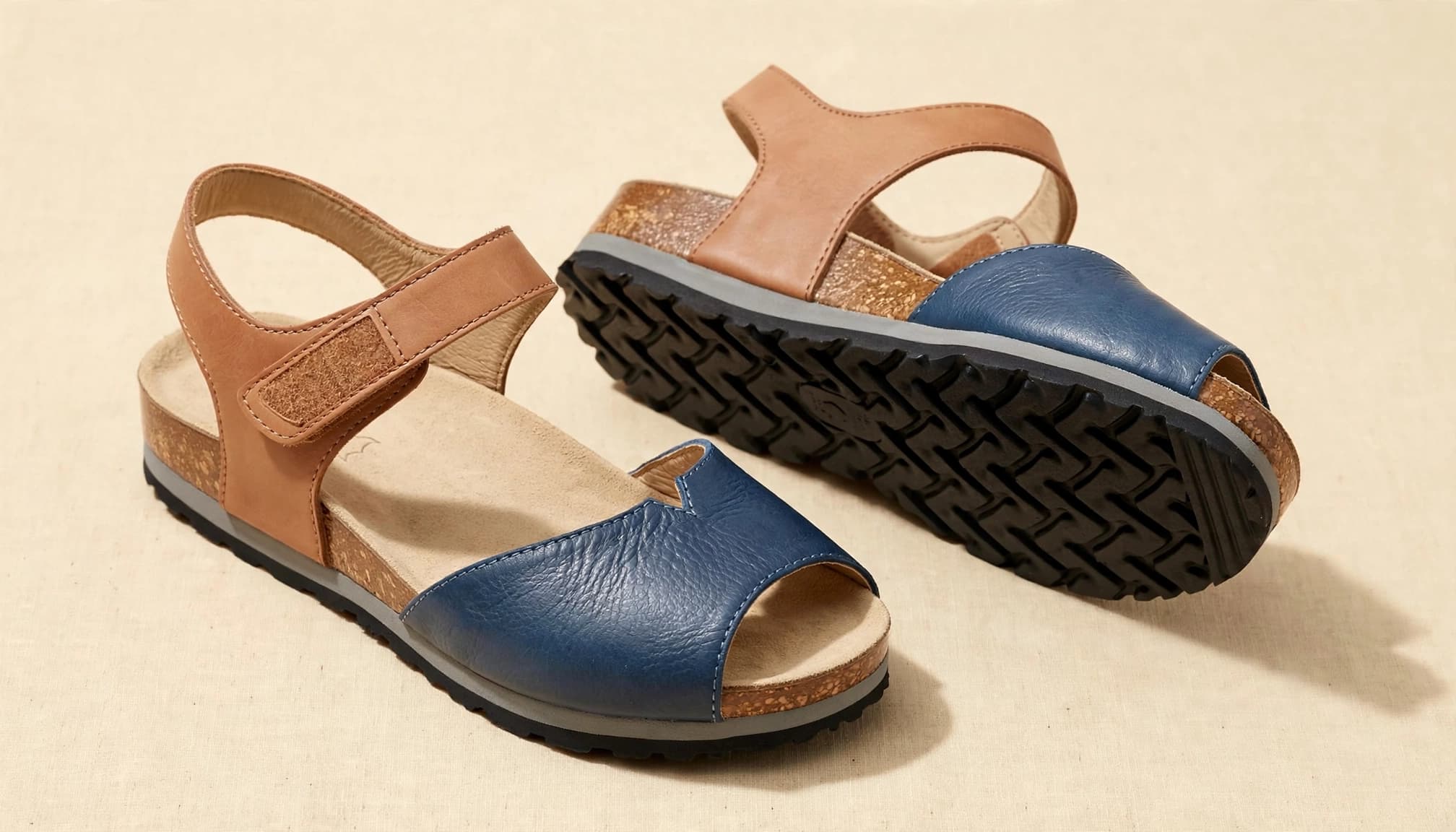 Blue and tan peep-toe sandals showing adjustable straps and layered soles.