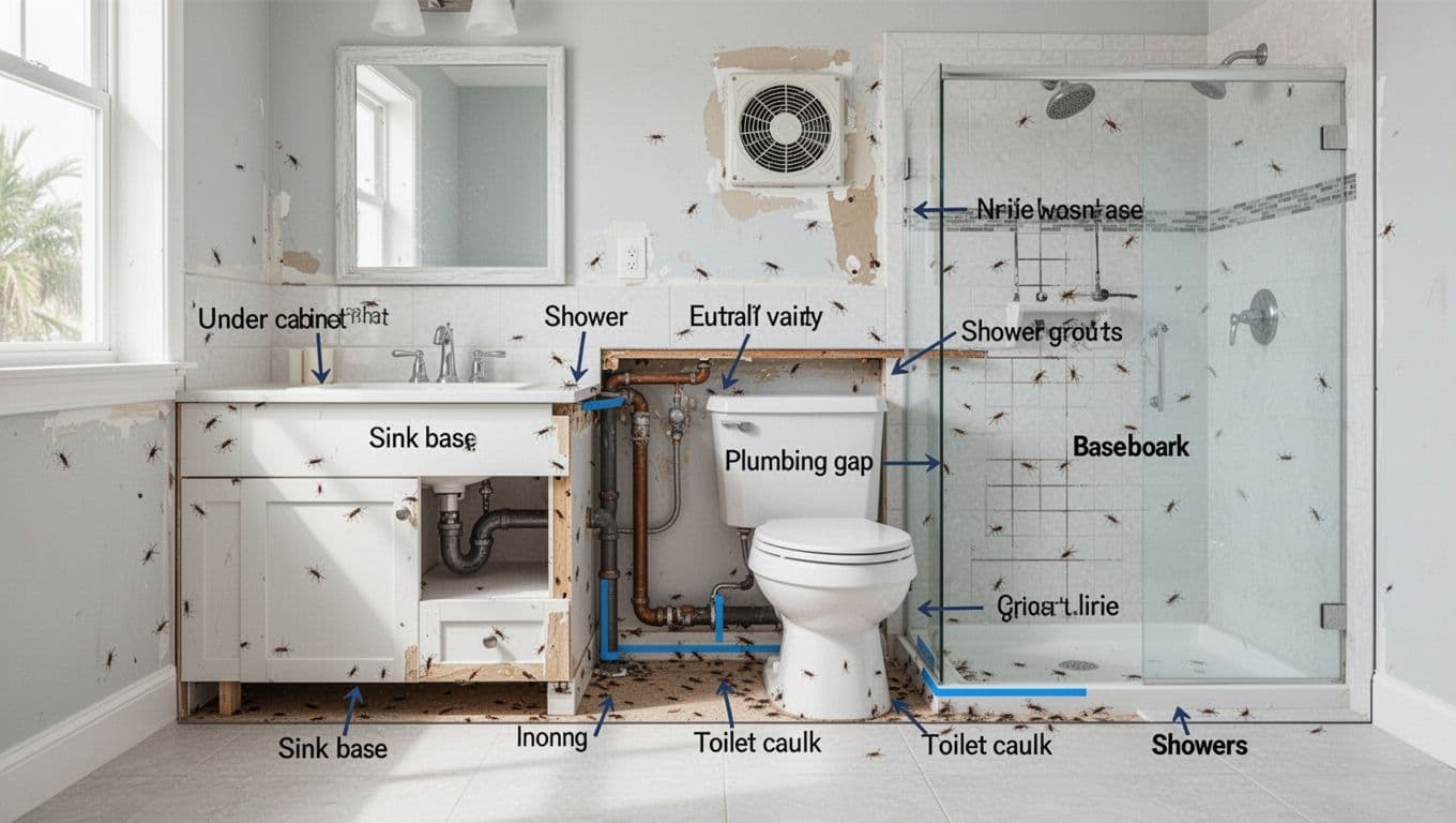 Simplified cutaway side view of a typical Cape Coral bathroom revealing hidden moisture locations where booklice thrive, including under sink cabinet, around plumbing, behind toilet, and in shower areas. Labeled diagram with arrows for homeowner education on common infestation spots.