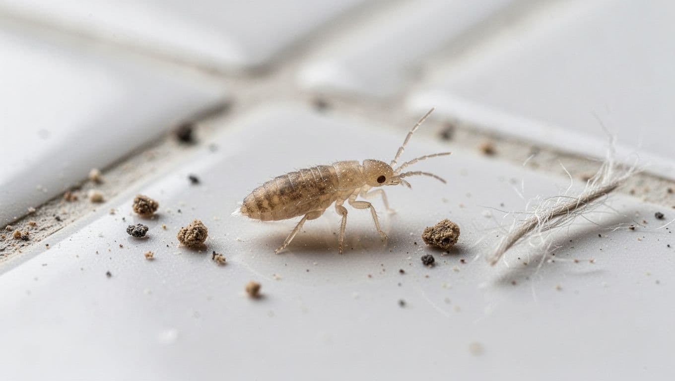 Photorealistic extreme close-up of a single tiny pale-tan booklouse on a white bathroom tile surface amid dust specks, showcasing its elongated oval body, long antennae, and thin legs often mistaken for dust in humid environments.