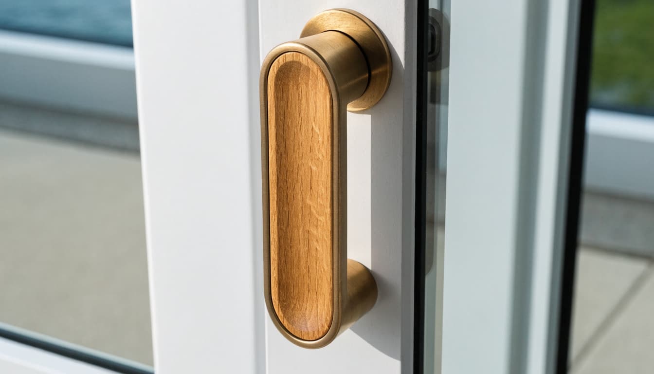 A bronze-and-oak grip fitted to a white sliding patio door.