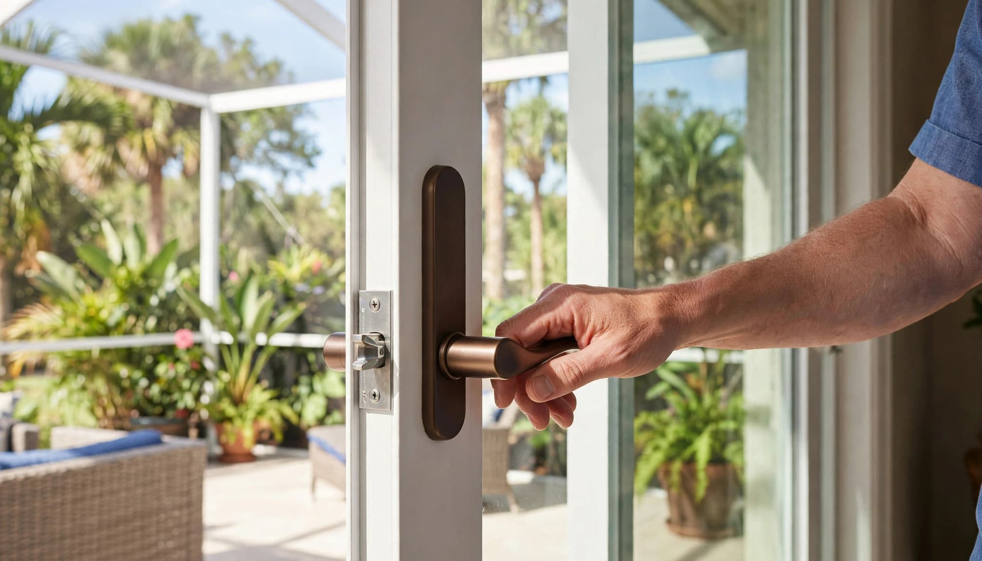 A relaxed hand rests on a bronze handle on a white sliding patio door.