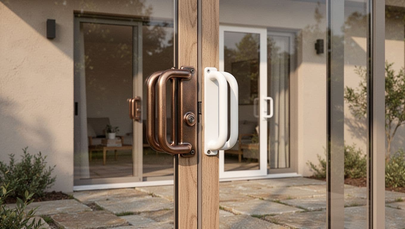 Bronze retrofit handle on a sliding glass door with a white handle on a second patio door.