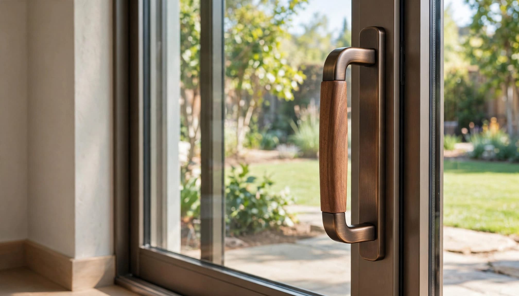 Close-up of a bronze and wood handle on a sliding glass patio door.