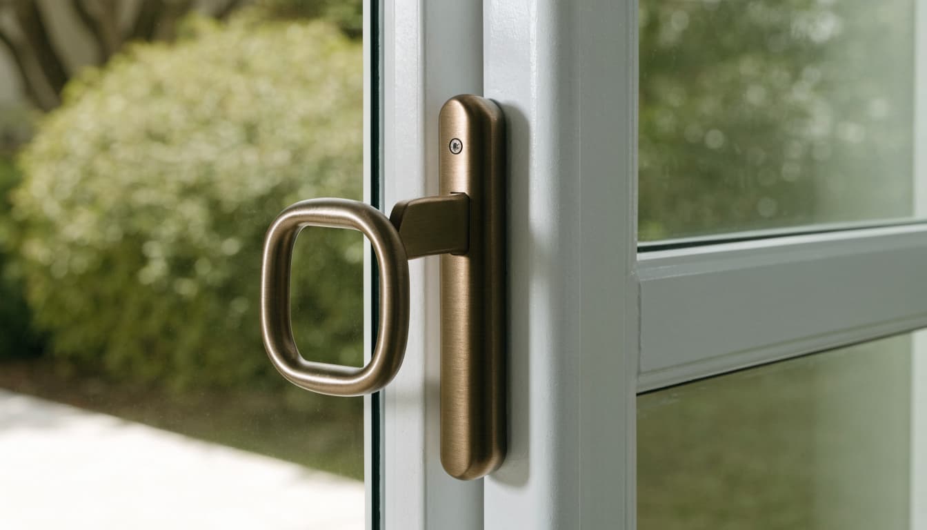 A bronze retrofit handle mounted on a white sliding glass patio door.