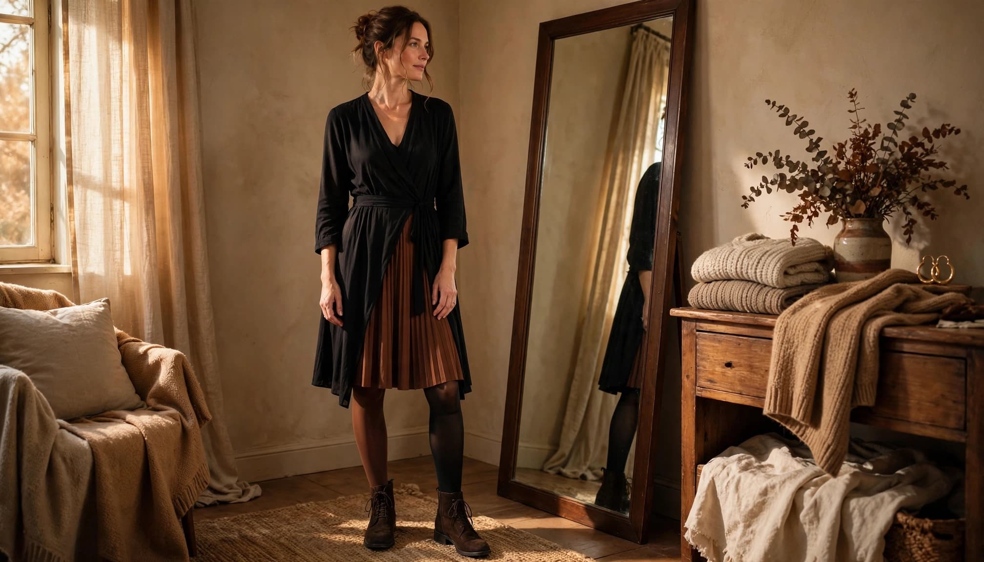 Woman in brown hosiery, cocoa skirt, and dark brown ankle boots beside a full-length mirror.