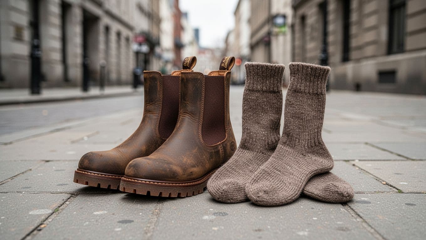 Brown Chelsea boots beside two thick wool socks on a city sidewalk.