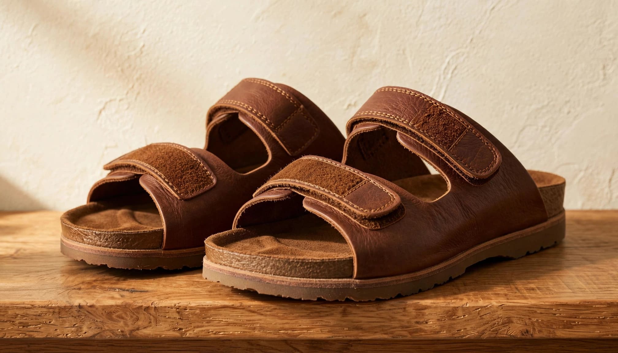 A pair of brown leather comfort sandals displayed on a wooden shelf against a textured cream wall.