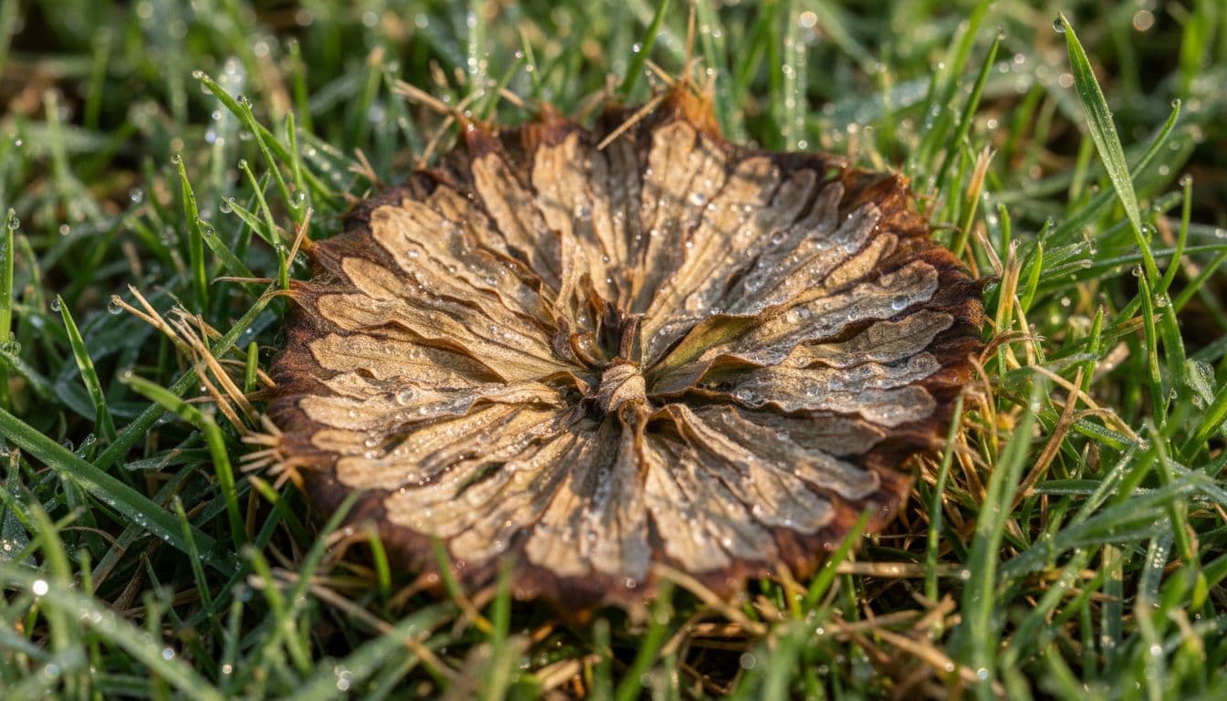 Ultra-realistic macro close-up of brown patch disease on tall fescue grass in an Atlanta summer lawn with early morning dew, featuring a circular patch with dark smoke ring margin and tan lesions on leaf blades.