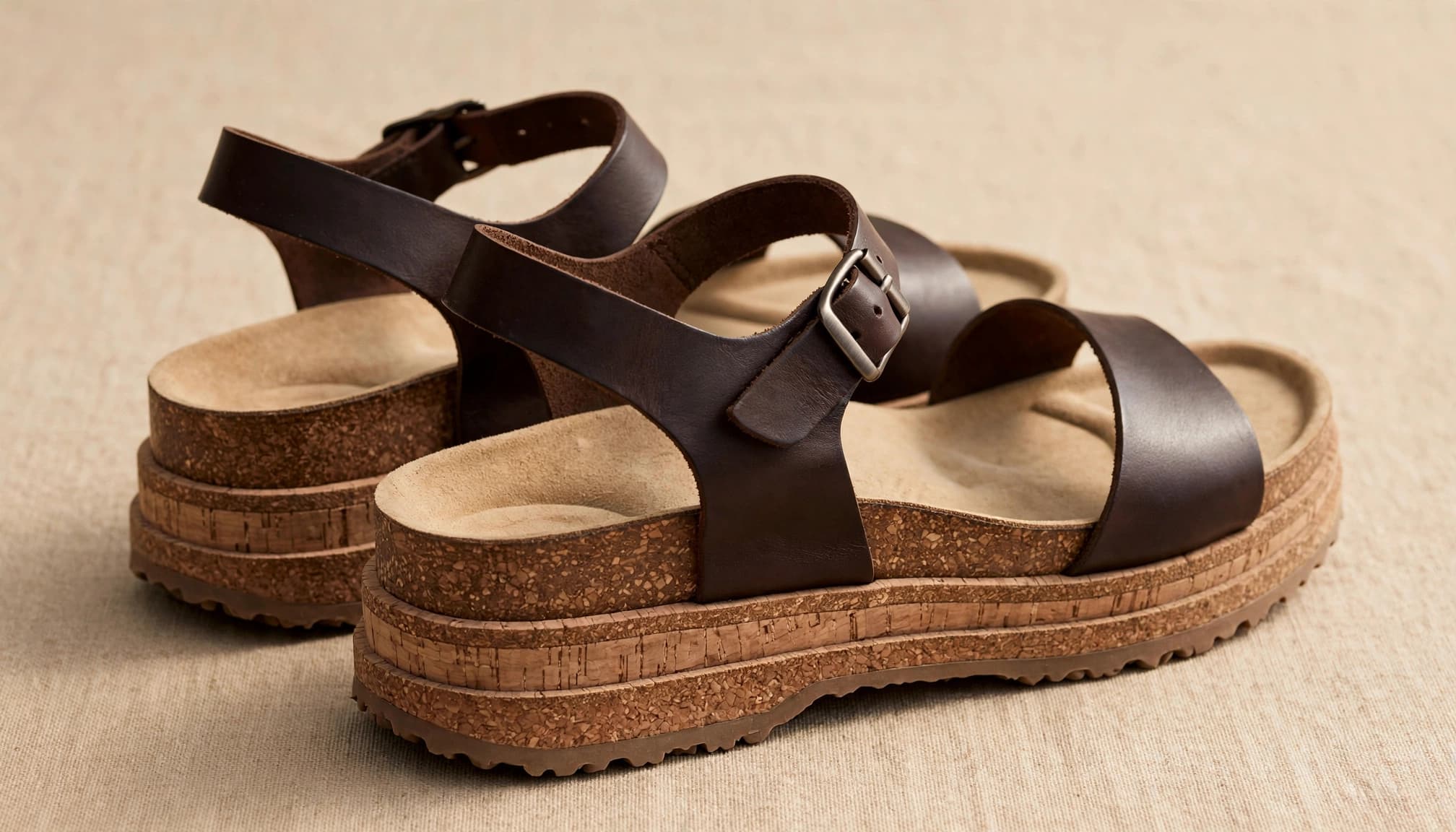 Pair of brown leather sandals with ankle straps and thick supportive soles.