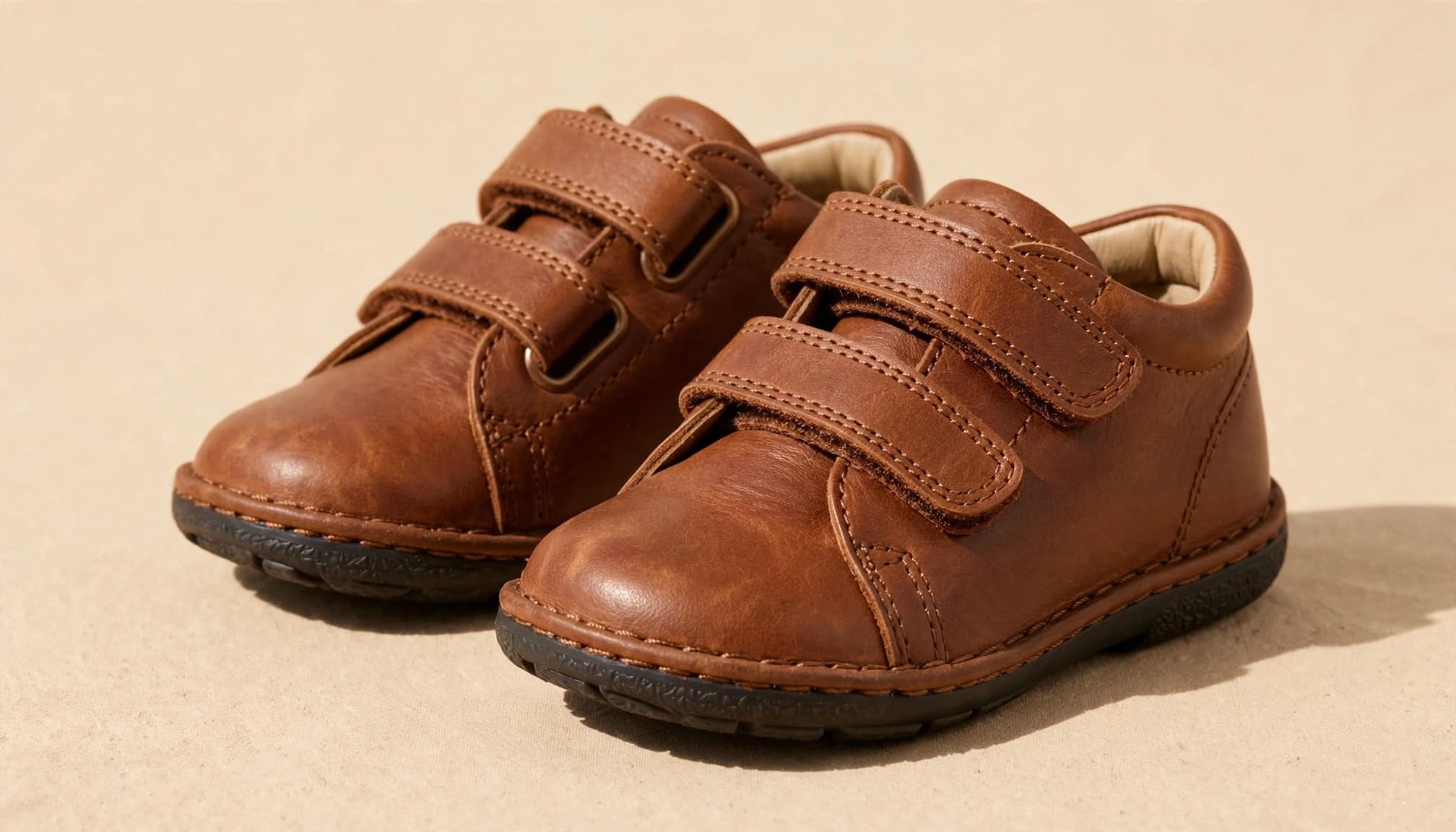 A pair of brown leather toddler shoes with double velcro straps on a beige surface.