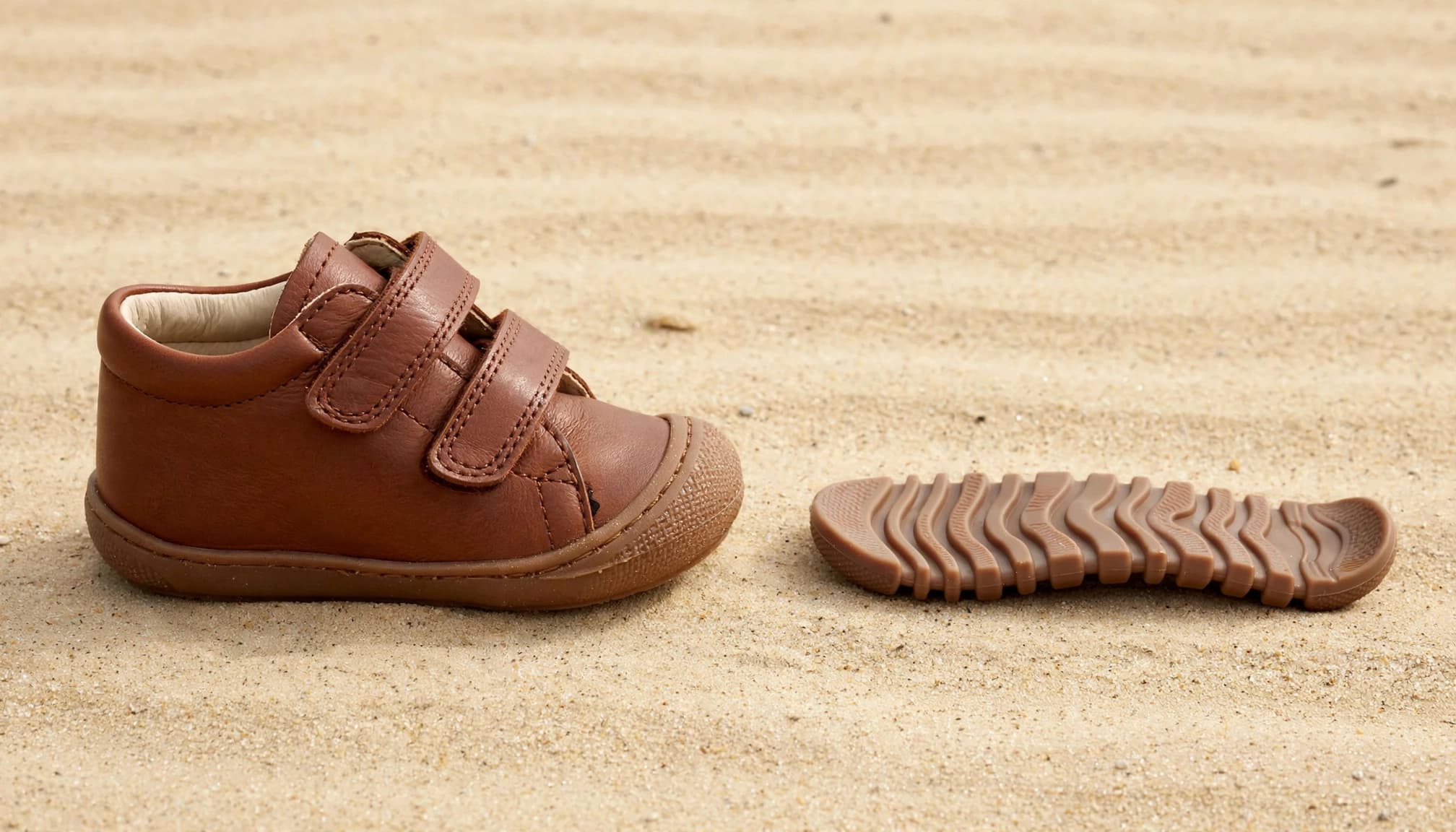 A brown leather toddler shoe with double straps sits next to a separate matching flexible rubber sole on sand.