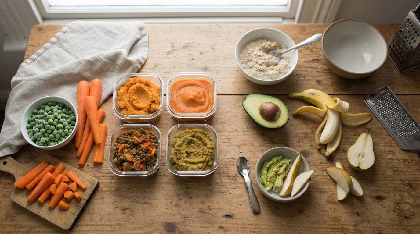 Baby meal ingredients and freezer containers arranged on a kitchen table.