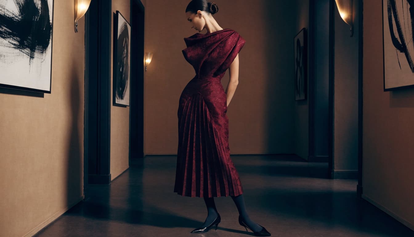 A woman in a burgundy dress and black tights stands beside framed art in a warmly lit gallery.