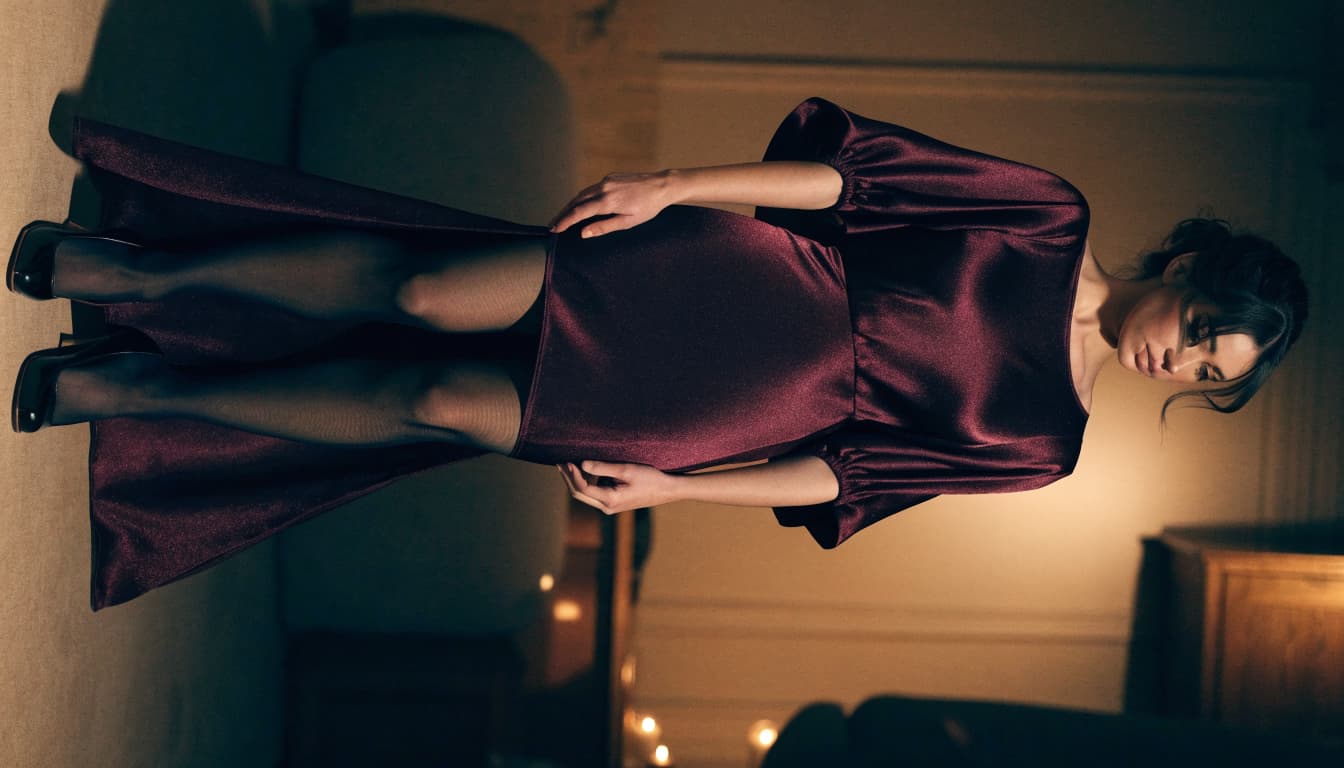 A woman in a burgundy satin dress, sheer black tights, and heels.