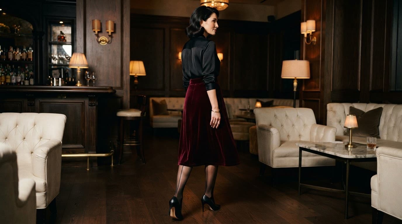 Woman in a burgundy skirt and black backseam stockings in a warmly lit lounge.