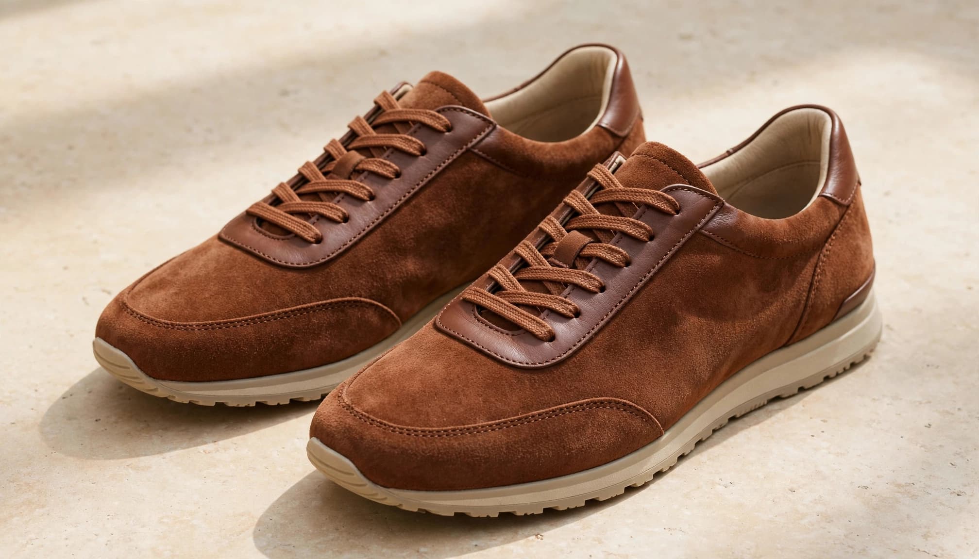 Cacao-brown sneakers with rounded toes and light soles rest on a pale surface.