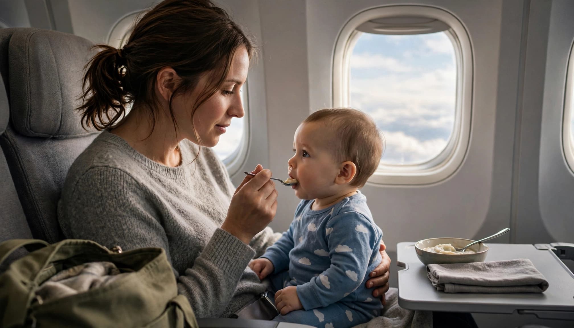 Mother gently feeds her baby beside an airplane window.