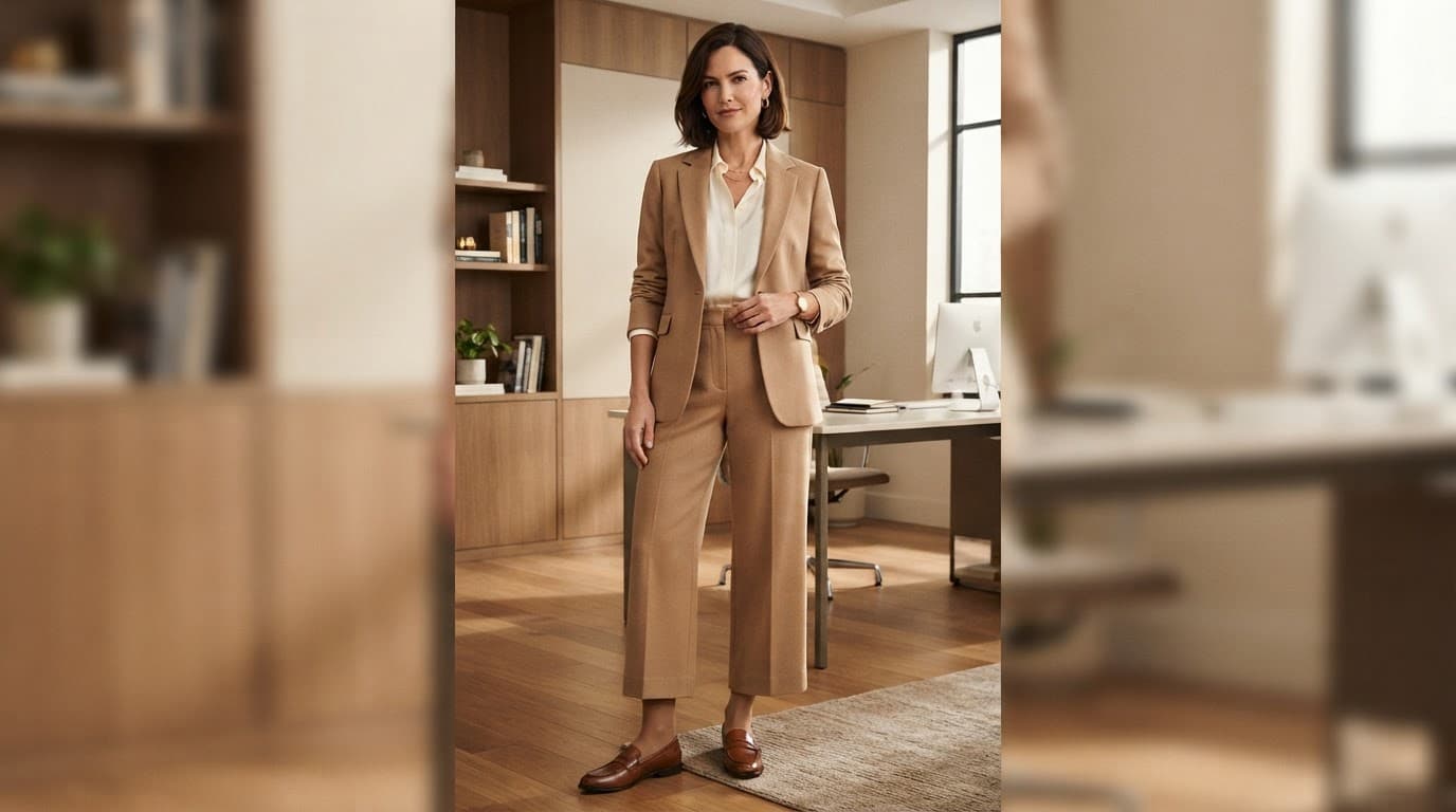 Woman in camel trousers, tan knee-high hosiery, an ivory blouse, and brown loafers in a warm office.