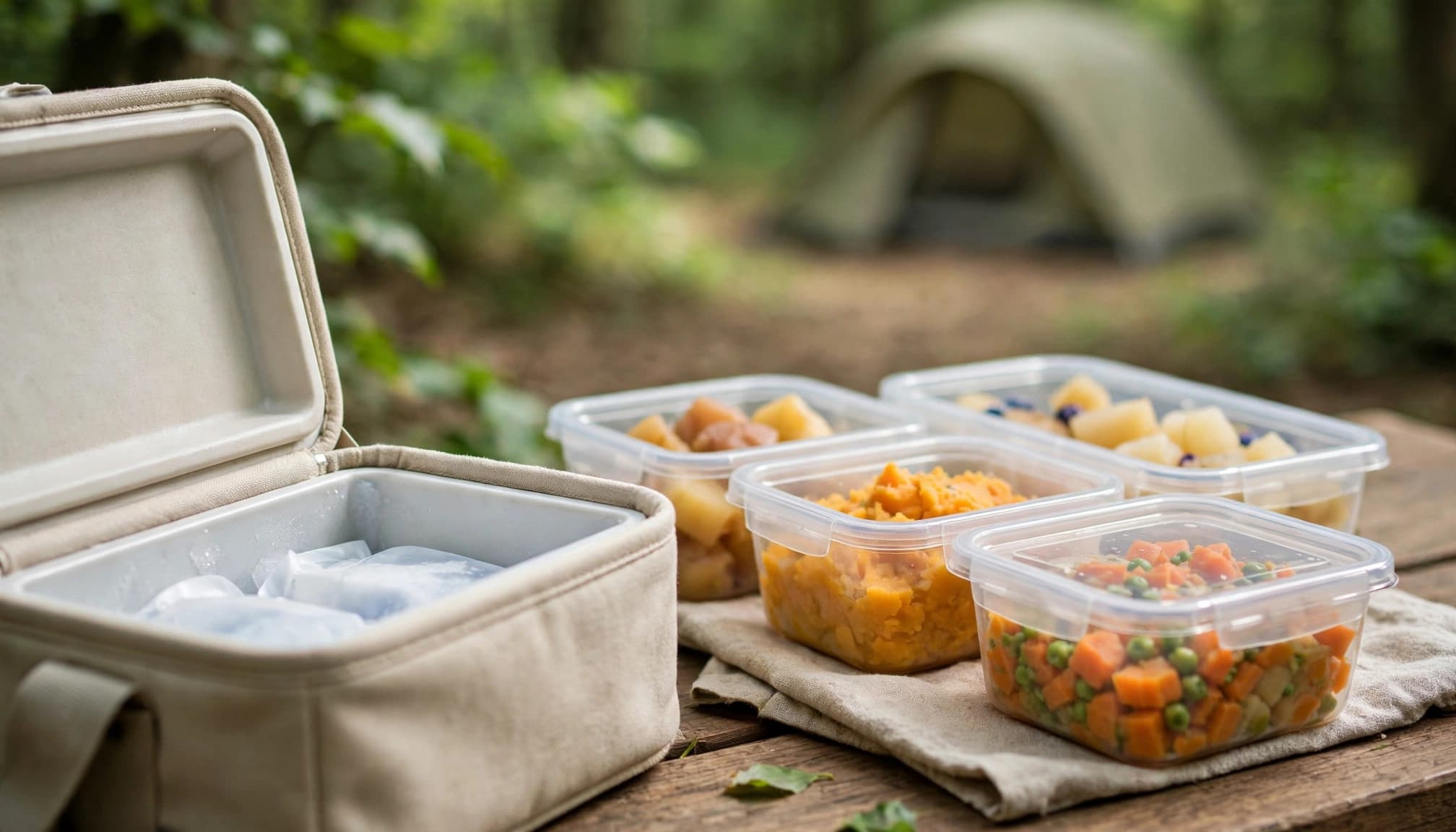 An open cooler beside sealed containers of vegetables and fruit at a campsite.