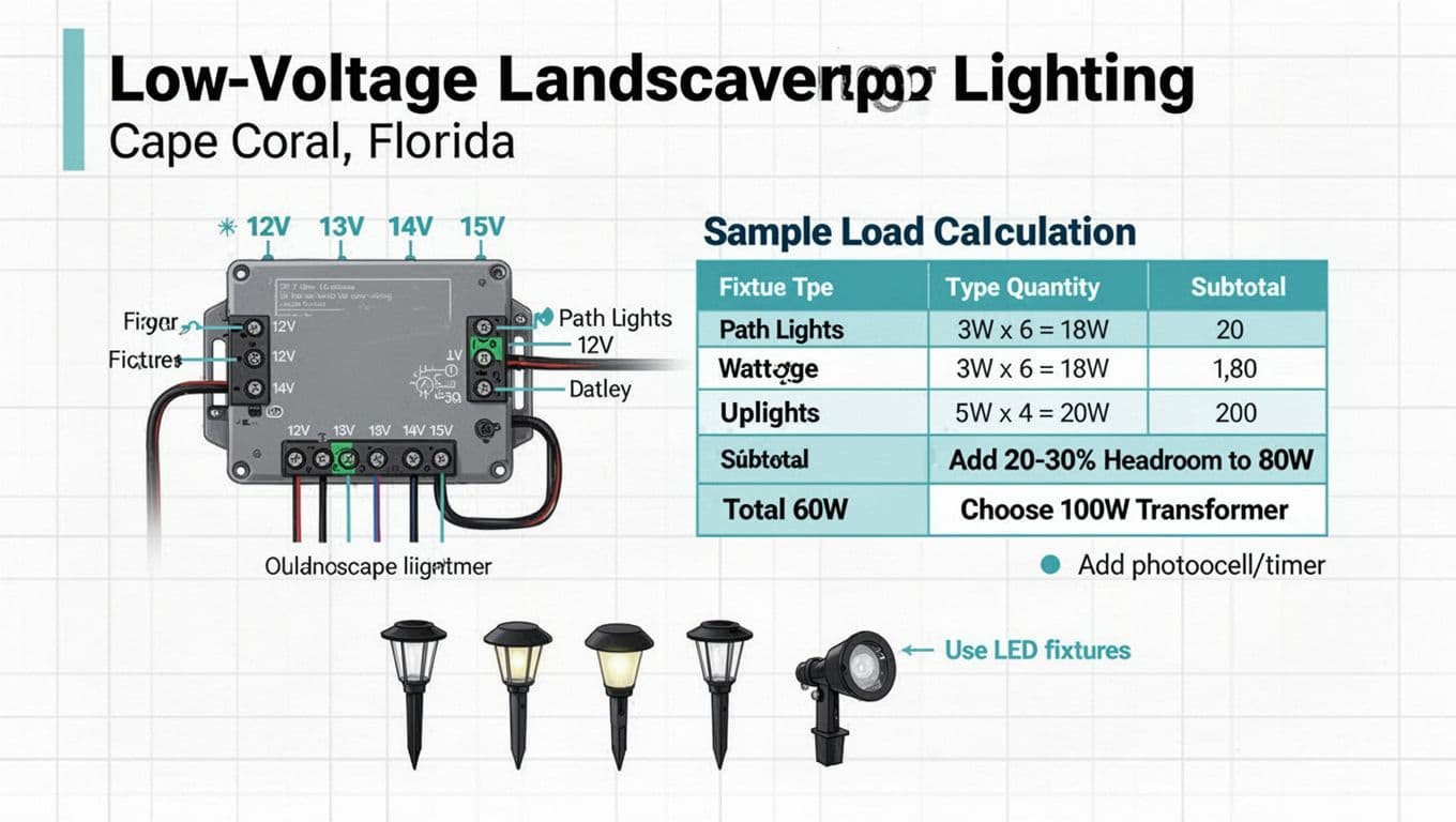 Clean vector infographic for homeowners showing a 12V low-voltage landscape lighting transformer with output taps (12V-15V) and a sample load calculation table for fixtures like path lights and uplights. Includes notes on using LED fixtures, adding headroom, and photocell/timer in modern style with teal accents.