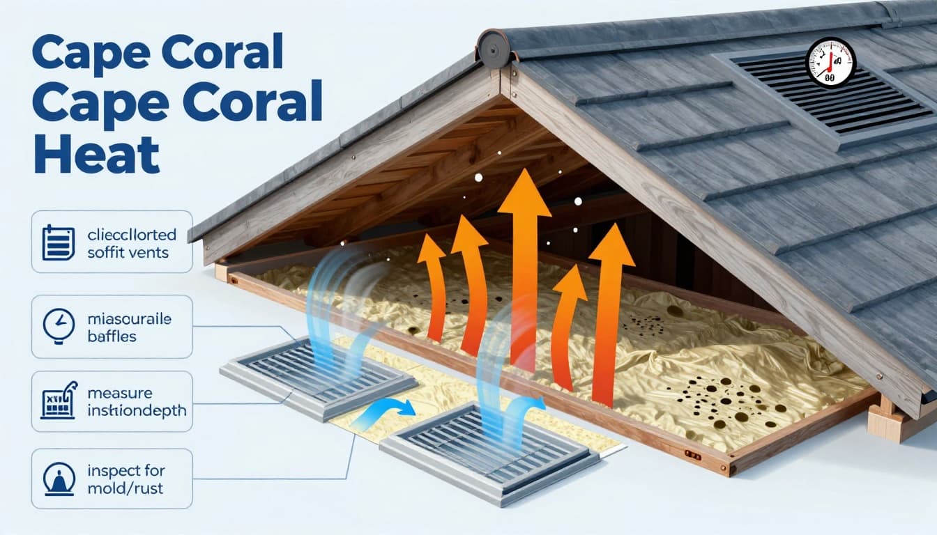 Clean technical cutaway illustration of a Cape Coral attic during summer heat, showing soffit vents, baffles, airflow, rising hot air, moisture, ridge vent exhaust, high temperature, and humidity with labels for common problems like blocked soffits, mold, and rust.