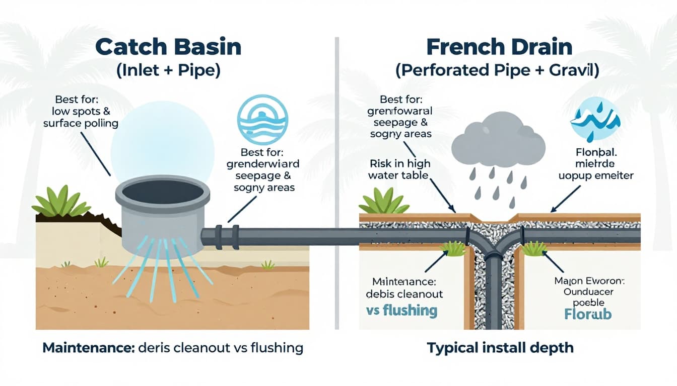 Infographic comparing catch basin (inlet + pipe) and French drain (perforated pipe + gravel) for Florida homeowners, with cross-section diagrams, best uses, risks, maintenance, and install details in sandy soil high water table context.