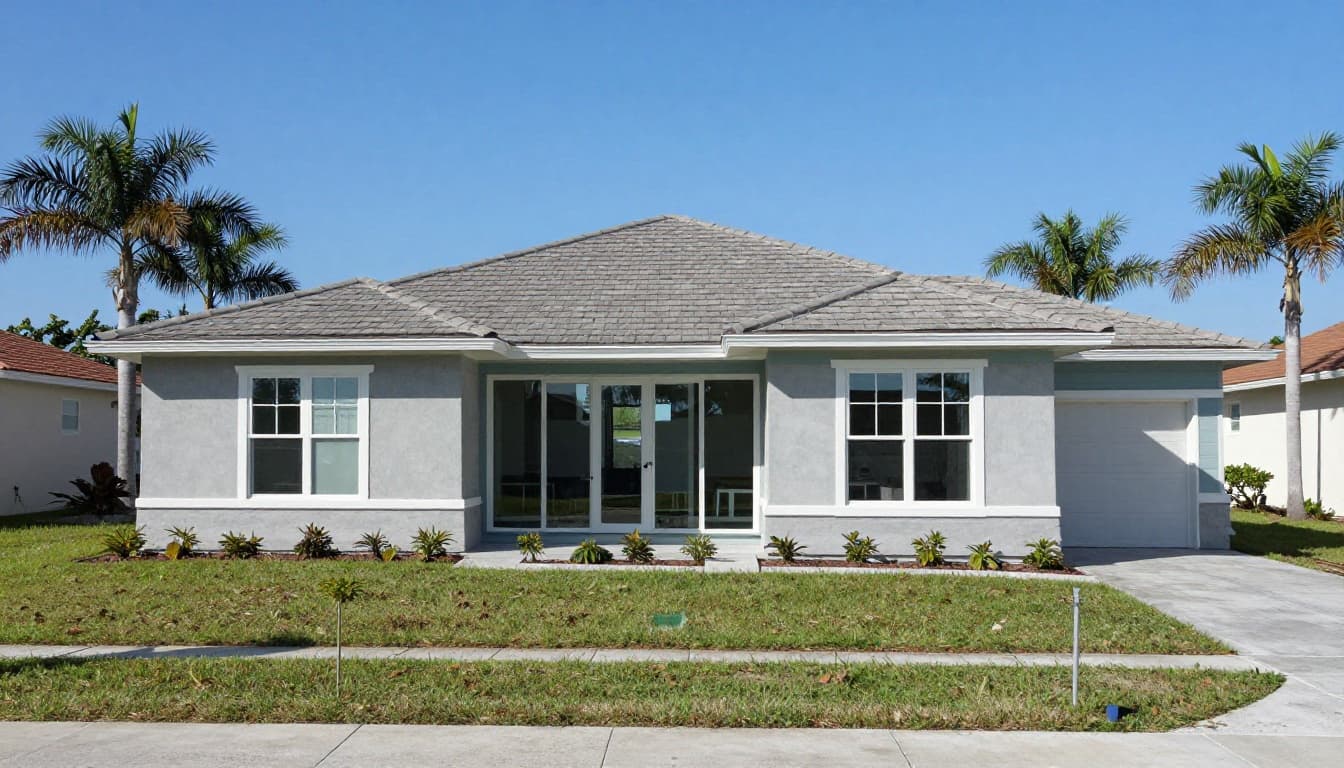 Photorealistic wide-angle view of a single-story modern coastal home in Cape Coral, Florida, featuring a new family room addition with large impact glass windows and light gray stucco exterior accented in teal. The scene shows palm trees, manicured lawn, clear blue sky, and natural daylight with high detail and realistic textures.