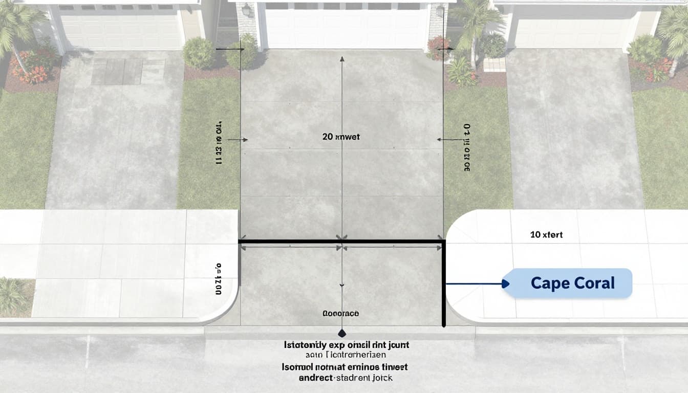 Clean top-down diagram of a 20x30 ft residential two-car driveway showing isolation expansion joints at garage and sidewalk, plus saw-cut control joints in 10x10 ft panels.