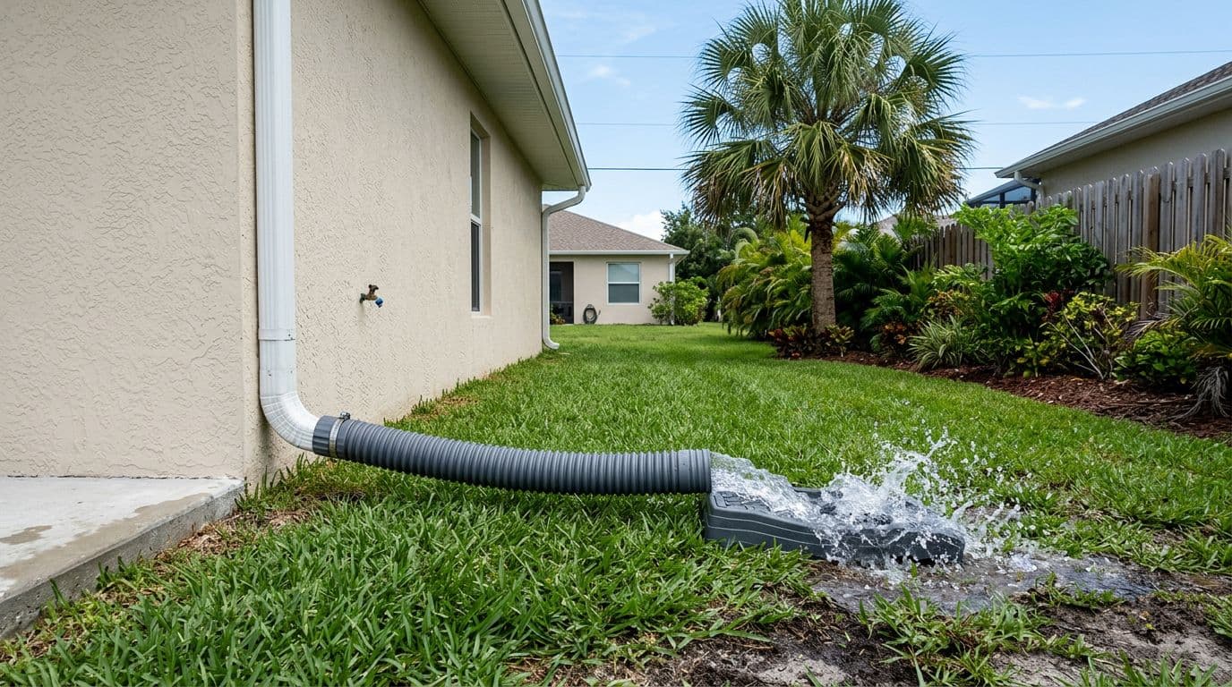 Realistic view of an above-ground corrugated downspout extension pipe directing water from a home downspout to a splash block on St. Augustine grass in a Cape Coral side yard, away from the slab, with sandy soil, palm tree, flat terrain, and safe water splashing under bright sun.