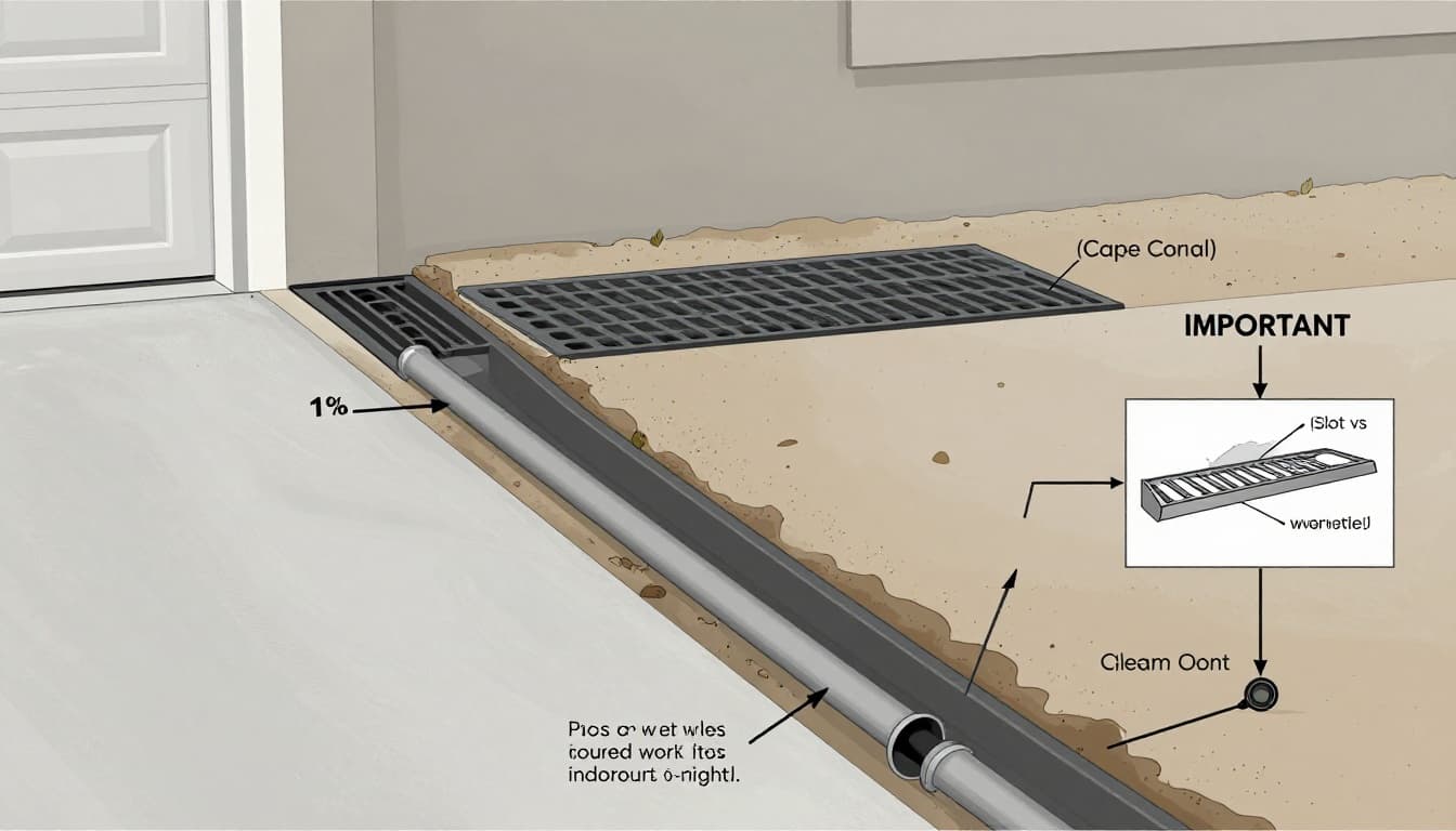 Detailed engineering-style illustration of a linear channel drain installation for a Cape Coral driveway, featuring garage-door grate, cross-slope water direction, PVC pipe to swale, sandy soil profile, high water table, and inset grate type comparison.