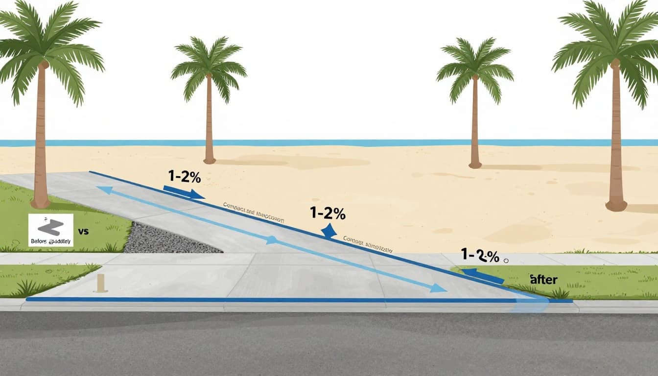 Clean educational diagram of a typical Cape Coral driveway with 1-2% cross-slope for drainage, compacted gravel base, water flow arrows, and before-after inset in a flat sandy Florida yard with palm trees.